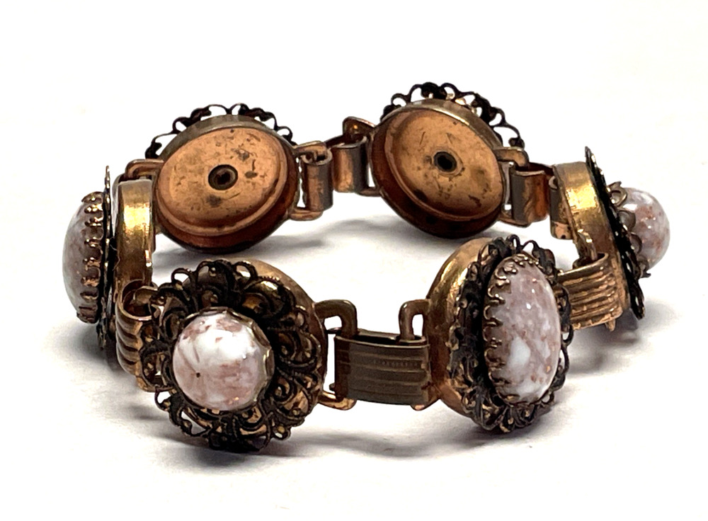 VTG Gold Tone Brass Filigree Pink Confetti Art Glass Bracelet 7in Selro Style